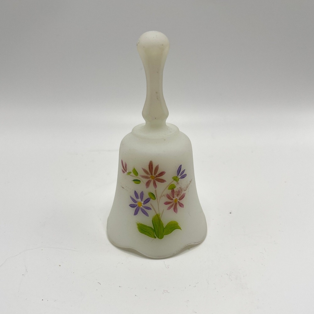 Fenton Frosted Satin Glass Bell Hand Painted Floral Signed P Lane Vintage USA